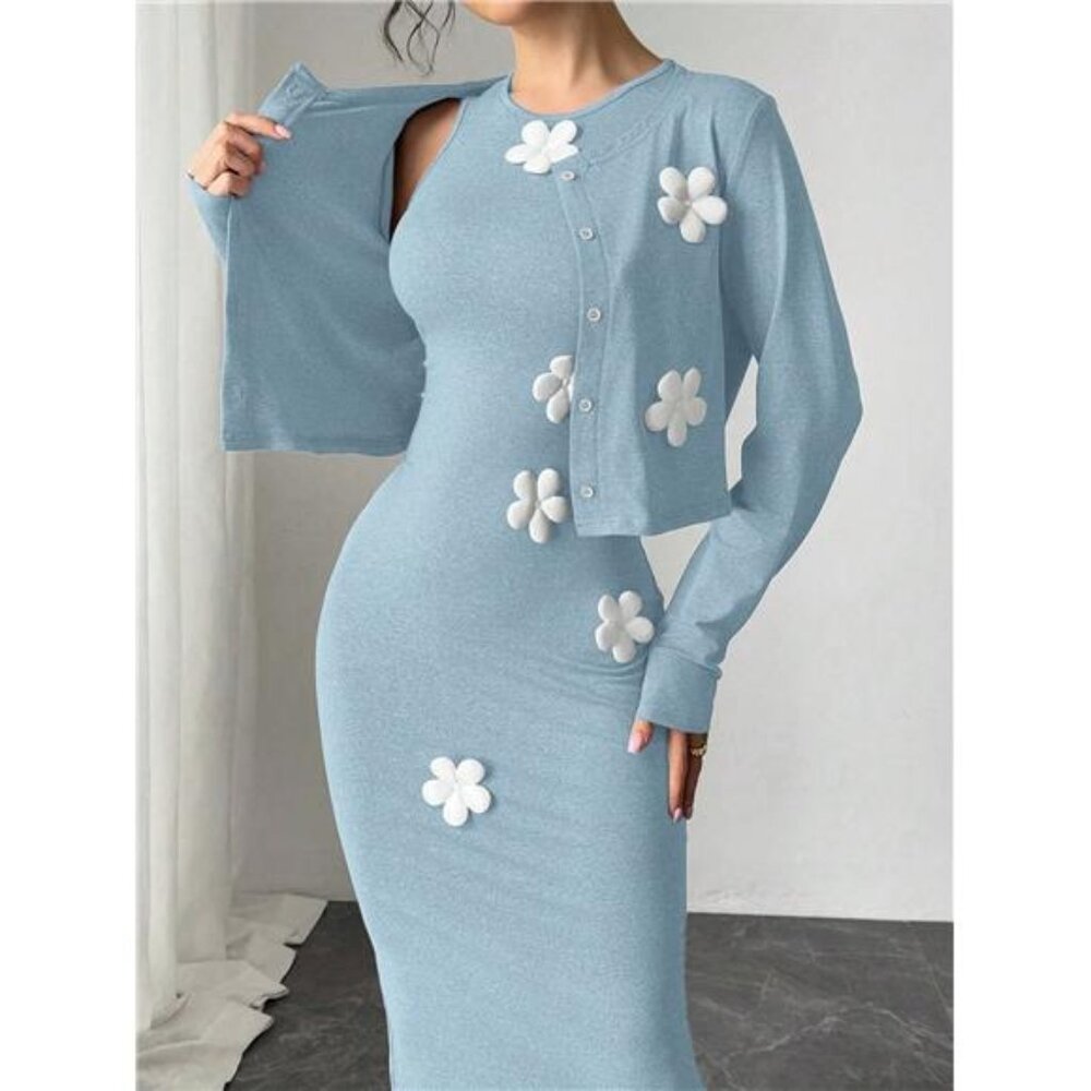 NEW - Elegant Light Blue Jacket & Dress 2 Pieces Set, Floral 3D Decor - Picture 4 of 9
